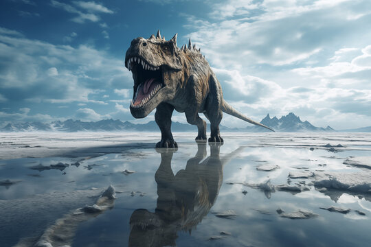 tyrannosaurus rex walks alone into cold lake, art design