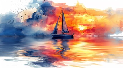 A tranquil scene of a sailboat on a calm sea at sunset, with watercolor hues reflecting off the water  isolated on white background clipart - obrazy, fototapety, plakaty