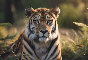 AI generated illustration of a hyperrealistic tiger resting in a grassy field at sunset, near trees