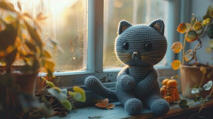 Serene scene of a crochet amigurumi cat, soft gray fur, delicate whiskers, sitting in a cozy sunlit window , cinematic - obrazy, fototapety, plakaty