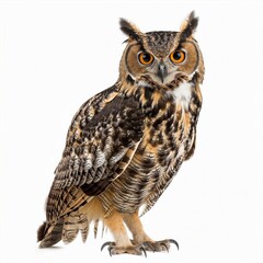 A wise owl, its feathers intricately detailed, eyes piercing, perched against a white background for seamless editing