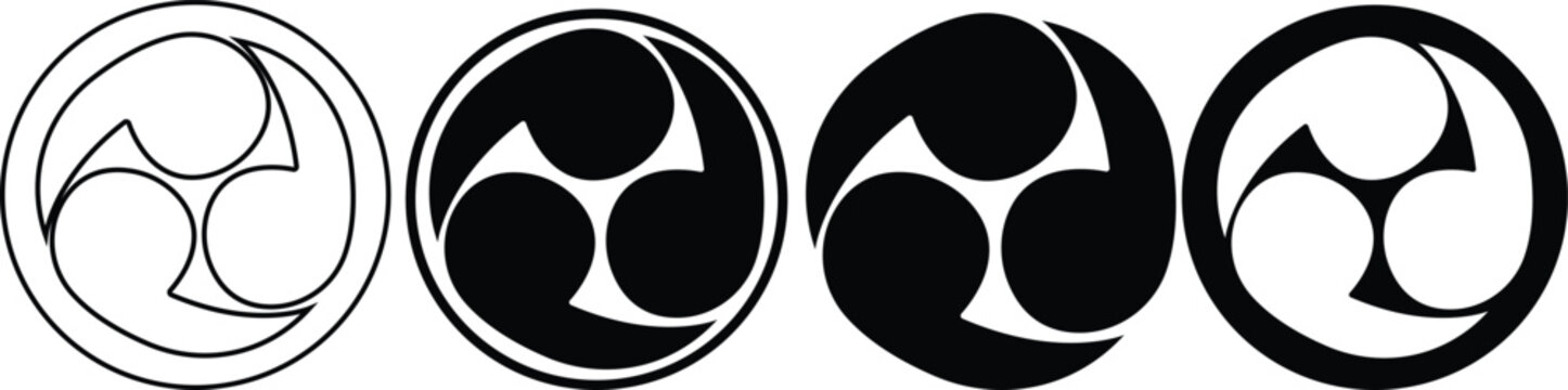 Shinto Japanese religion Hidari mitsudomoe symbol set. Tomoe comma vector silhouette icon Oriental sign Tomoe hams symbol formed by three magatama, on transparent background Rightwise Threefold Tomoe,