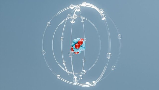 Atom anatomy, Atomic model or structure , loop animation, electrons orbiting the nucleus particles, Single atom and its electron cloud. Quantum mechanics and atomic, Neutrons and protons, 3d render