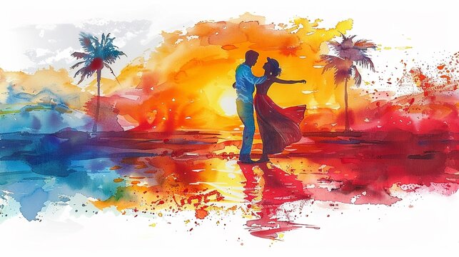 A vibrant depiction of a salsa dance lesson on the beach, with lively movements and a passionate watercolor ocean background  isolated on white background clipart