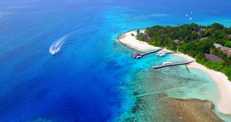 Aerial view of sea with sandy beach surrounded by trees in Maldives