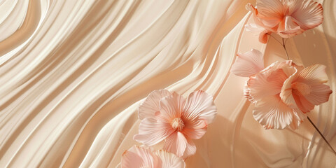 Elegant peach-colored flowers on a draped satin fabric with soft lighting and shadow play