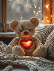 Cozy crochet amigurumi teddy bear with a red heart, plush texture, on a soft knitted blanket, warm lighting , cinematic