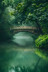 Fototapeta na wymiar AI generated illustration of a misty forest bridge over water with foliage backdrop