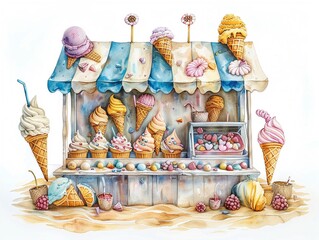 A whimsical scene of an ice cream stand on the beach, with 3D cartoon customers enjoying their treats against a watercolor sea  isolated on white background clipart