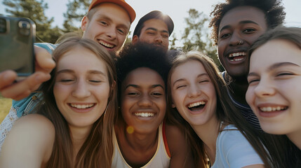 Fototapeta premium Group of Young People Laughing, Taking Selfie Outdoors