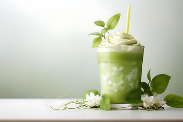 Obraz na płótnie Canvas Iced green tea with milk in a glass