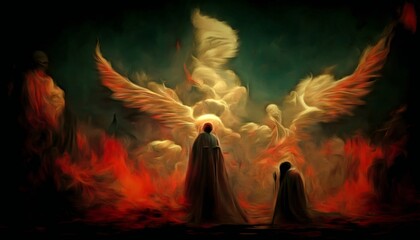 AI generated illustration of two men in red robes by flames gaze at the sky - obrazy, fototapety, plakaty