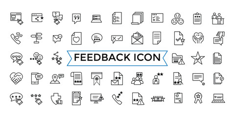 Fototapeta na wymiar Feedback Outline Icon Collection. Line Set Icons related to Rating, Testimonials, Quick Response, Satisfaction and more. Web icons set.