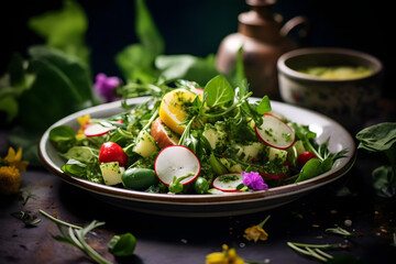 Spring Green Salad, Fresh and crisp salad with seasonal green and vibrant vegetable