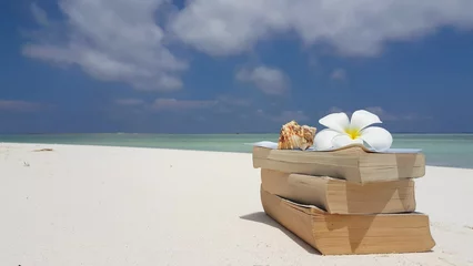 Türaufkleber Books with a seashell and plumeria on sandy beach © Wirestock