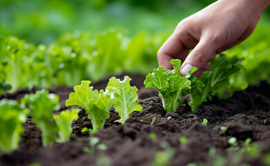 Farmer's Hand Planting Young Lettuce Seedlings in Vegetable - 785167985