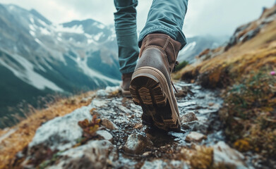 Man hiking up a mountain trail with a close-up of his leather hiking boots. - obrazy, fototapety, plakaty