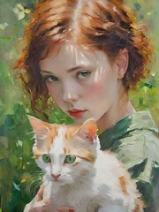 AI generated illustration of a gingerhead girl with a cat in a garden in acrylic paints