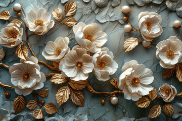 3D wall mural, beige and white flowers with gold leaves on gray stone background. Created with Ai