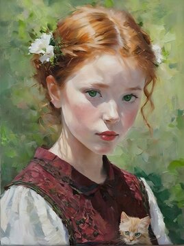 AI generated illustration of a gingerhead girl with a kitten in a garden in acrylic paints