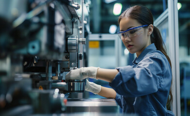 Mastering Machinery: Confident Female Worker in Automotive Manufacturing