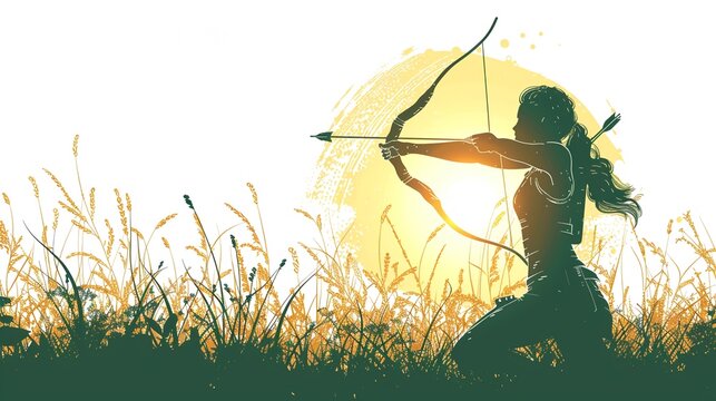 A Woman Practicing Archery In A Sunlit Field, Her Focus And Strength As Radiant As The Summer Day  Isolated On White Background Clipart