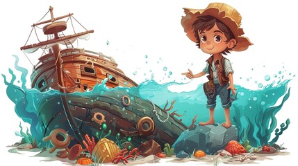 A wonder kid with the power of levitation lifting a sunken ship from the ocean floor, uncovering hidden treasures  isolated on white background clipart
