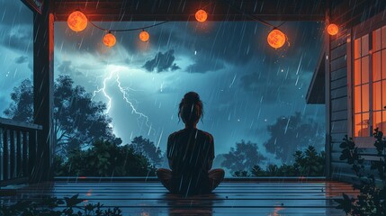 A woman watching a summer thunderstorm from a covered porch, the air charged with electricity and anticipation  isolated on white background clipart