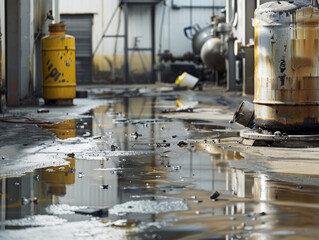 Reflections on a wet factory floor with scattered containers.