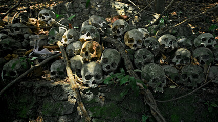 Many green human skulls and bones lying on the ground in the forest, covered in moss in an old abandoned cemetery