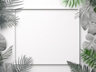 Fototapeta na wymiar Gray frame background, tropical leaves and plants around the gray rectangle in the middle of the photo with space for text