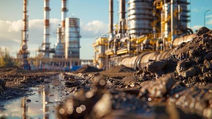 Polluting factory with smokestacks amid a muddy industrial site.