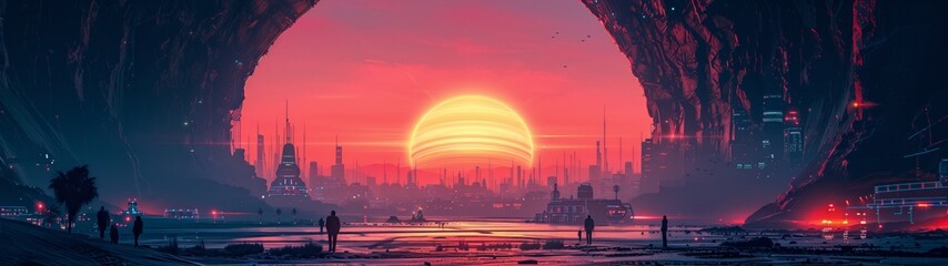 sunset over the Subterranean Metropolis with Advanced Infrastructure super ultrawide wallpaper - obrazy, fototapety, plakaty