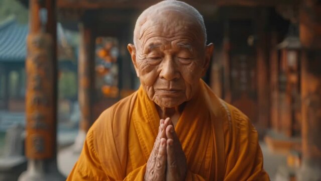 Old Buddhist monk man in orange Kasaya robe. Buddhism religion. Senior person pray in temple. Calm and peace. Asian spiritual life. Asia culture harmony. Male monastery.