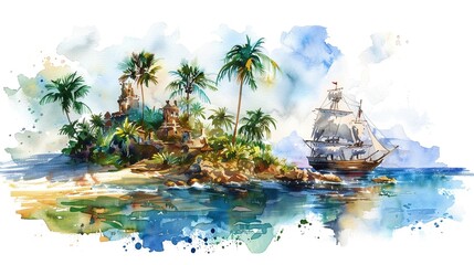 An exciting depiction of a pirate treasure hunt on a tropical island, with clues hidden in the watercolor landscape leading to the oceans edge  isolated on white background clipart