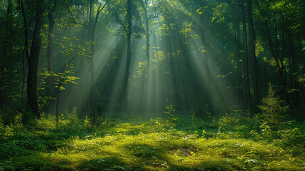 Rays of light in the dark forest. Created with Ai