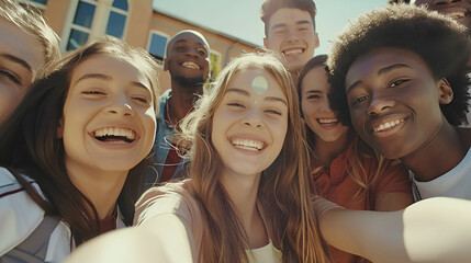 Multiracial Friends Smile for Big Group Photo, Enjoying Outdoor Laughter and Fun