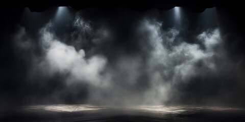 Gray stage background, gray spotlight light effects, dark atmosphere, smoke and mist, simple stage background, stage lighting, spotlights