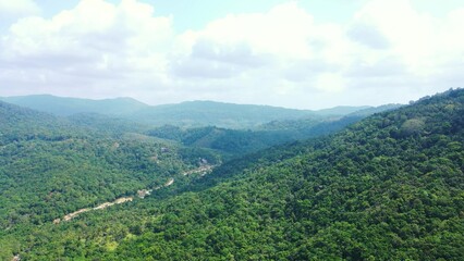 Aerial view of large tropical rain forest in Thailand under a blue cloudy sky