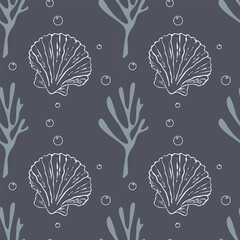 Marine ocean pattern with corals and seashells, air bubbles, sea elements on gray background, elegant and stylish.