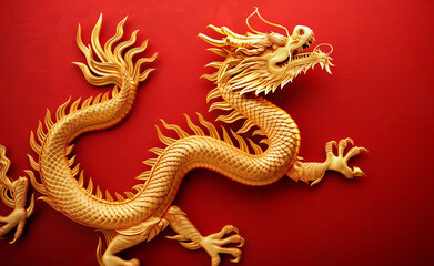 Golden chinese dragon on red color background.