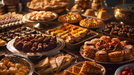abundance of food and sweets prepared for the Eid Mubarak feast such as biryani, kebabs, samosas,...