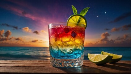 Glass of a rainbow drink on the tropical beach with amazing, stunning sky