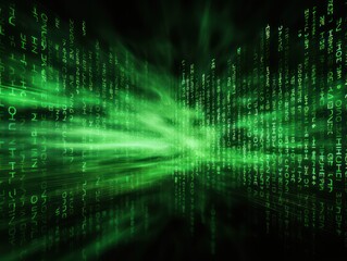 Fototapeta na wymiar Green abstract binary code background with glowing light rays and digital numbers for technology concept