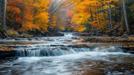 Tranquil river flowing through autumn forest with vibrant foliage