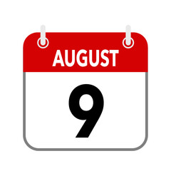 9 August, calendar date icon on white background.