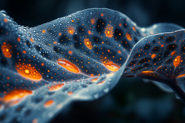 Close-up of leaf structure with water droplets and fantasy glowing pores macro sci-fi wallpaper...