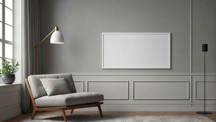 mockup poster home frame. blank white mockup poster frame hanging on the wall in a modern interior room design with modern furniture in 3D render . illustration Generative AI