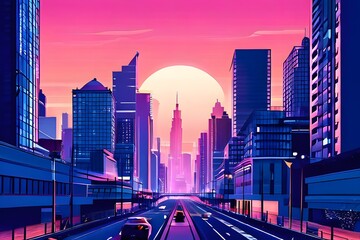 a animated modern digitalized city with huge buildings with sunset