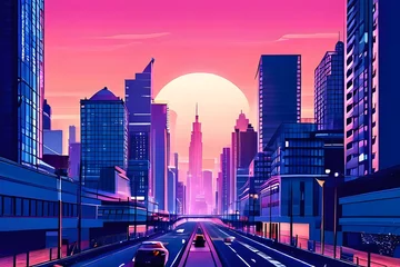 Plexiglas foto achterwand a animated modern digitalized city with huge buildings with sunset © Muhammad